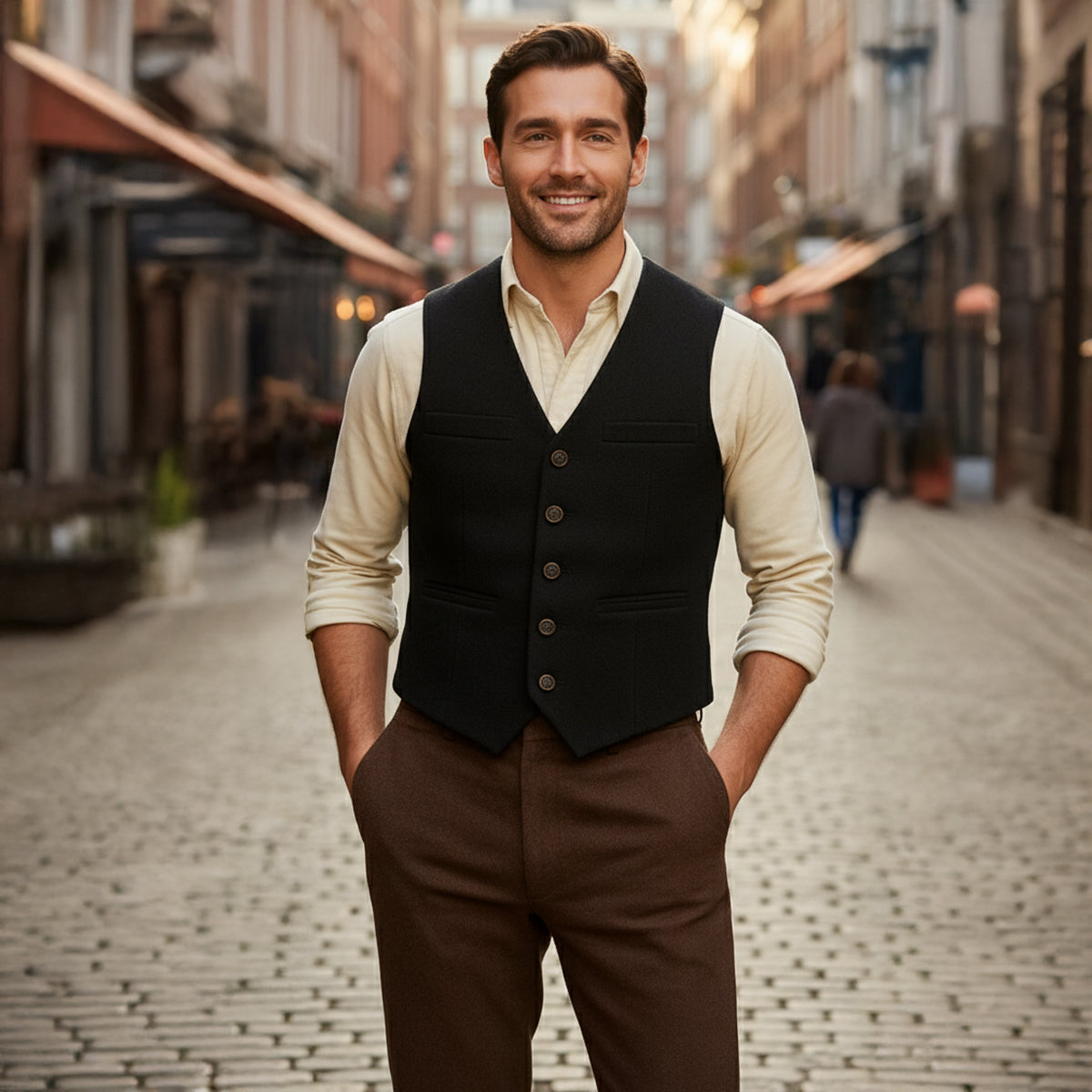 Men’s black knit button-front sweater vest with four-button placket and pockets