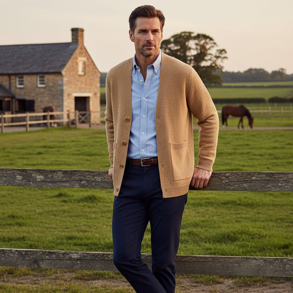 Men's open-front knit cardigan in tan/khaki with long sleeves and front placket