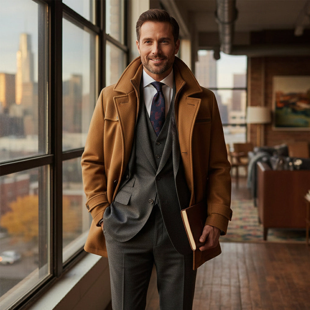Men's waterproof brown long jacket, button front, notch collar, flap pockets