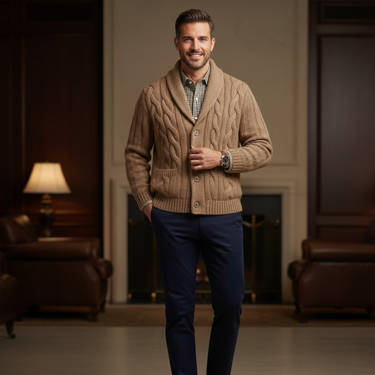 Men's beige cable-knit cardigan, button front, shawl collar, long sleeves