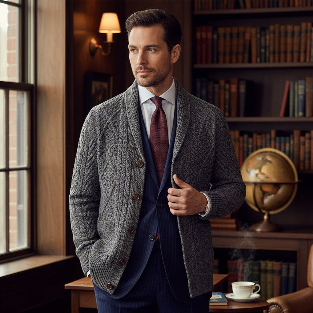 Men's gray cable-knit cardigan, button-front with notched lapels and V-neck