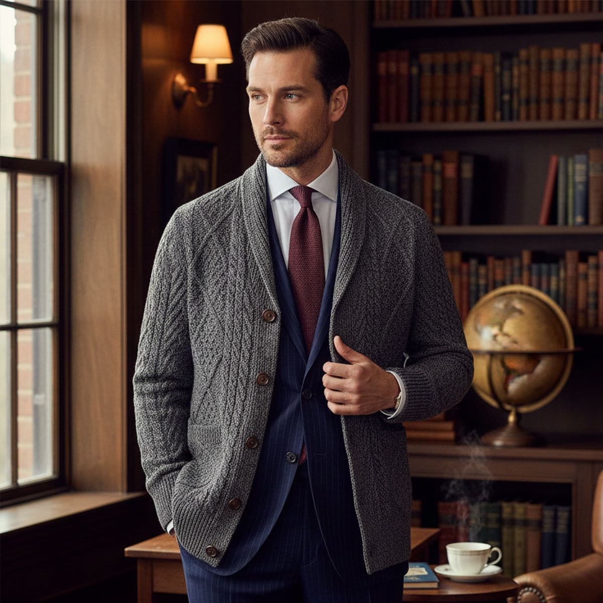 Men's gray cable-knit cardigan, button-front with notched lapels and V-neck