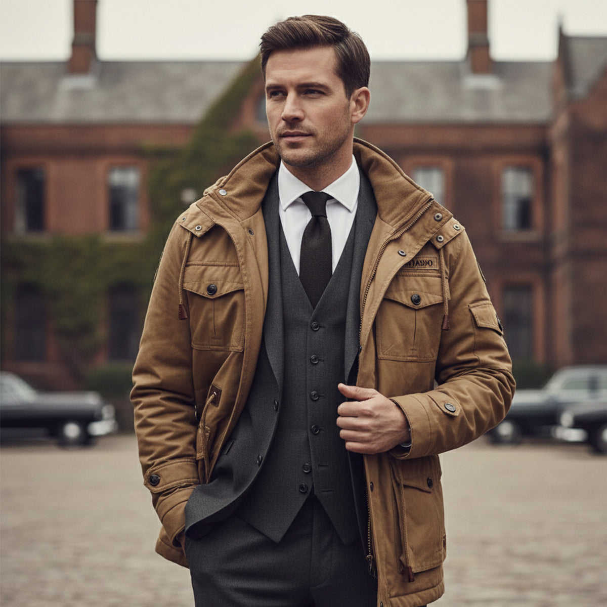 Men's tan hooded jacket with thick plush lining and front pockets, zip-up design