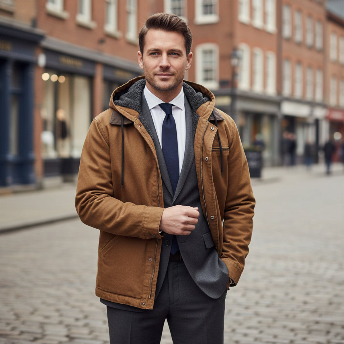 Men’s hooded fleece-lined winter jacket in brown, zip front and thick dark fleece hood lining.