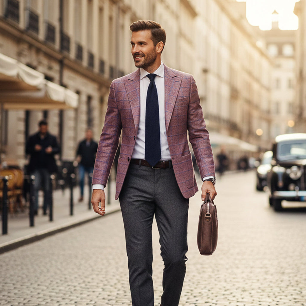 Burgundy plaid double-breasted men’s blazer with notch lapels and two-button front