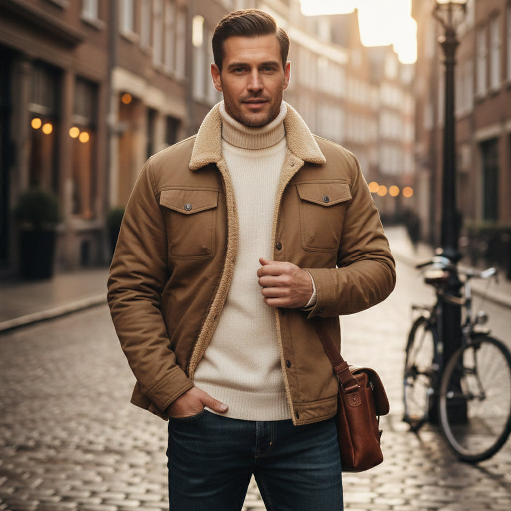 Men’s tan/brown fleece-lined winter coat with sherpa collar and button-front