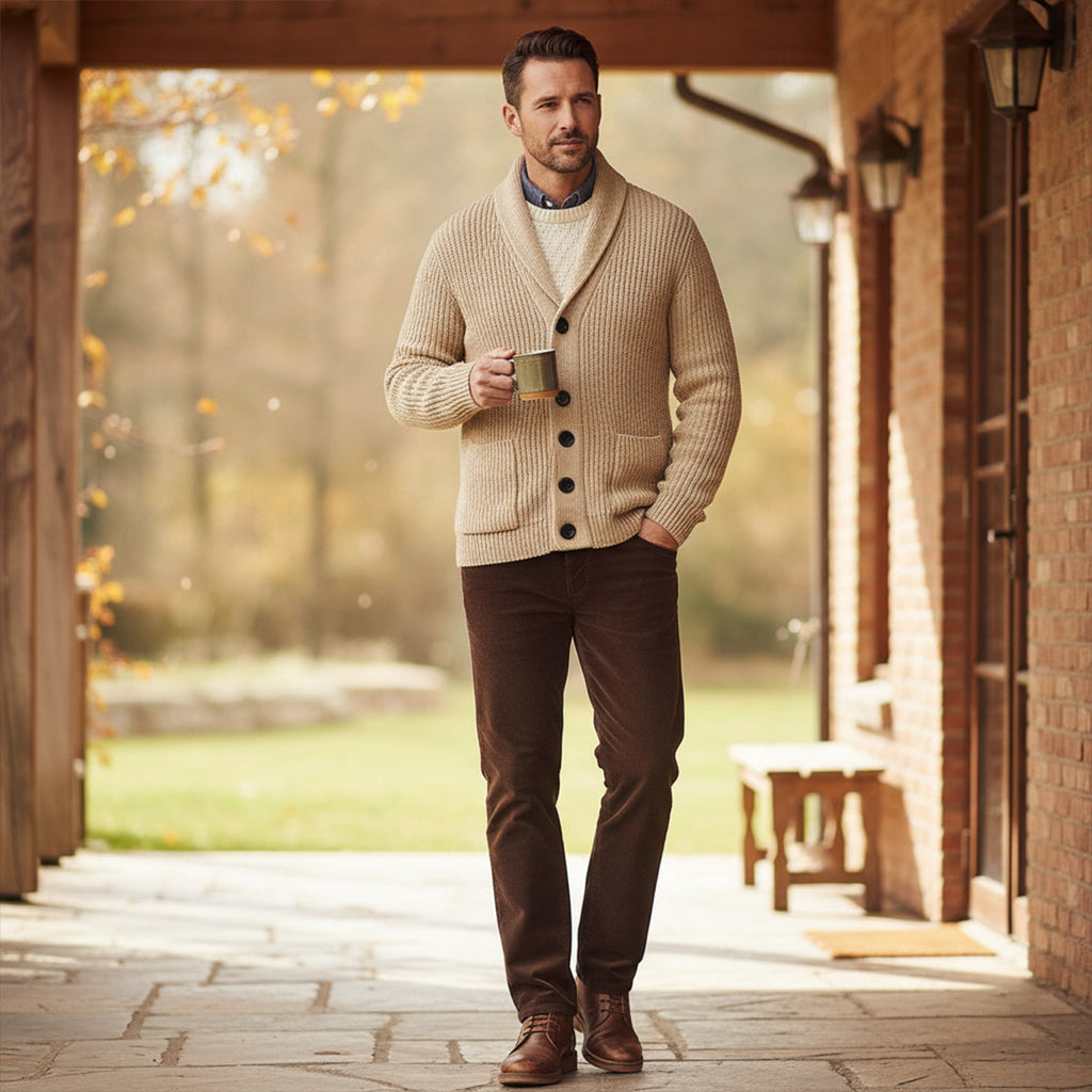 Beige chunky knit shawl-collar cardigan with three-button front, ribbed cuffs and hem