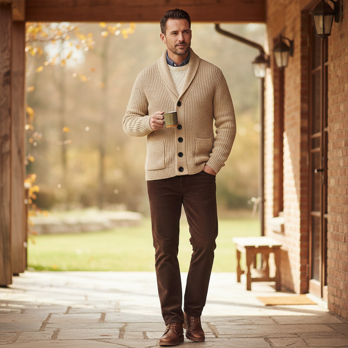 Beige chunky knit shawl-collar cardigan with three-button front, ribbed cuffs and hem