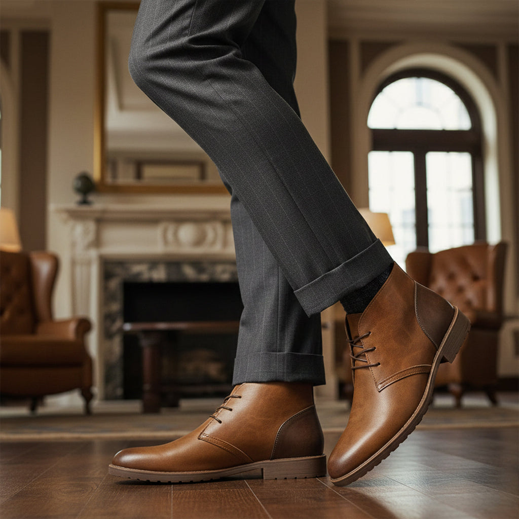 Brown lace-up smart boots on feet with dark trousers, classic ankle height and sole
