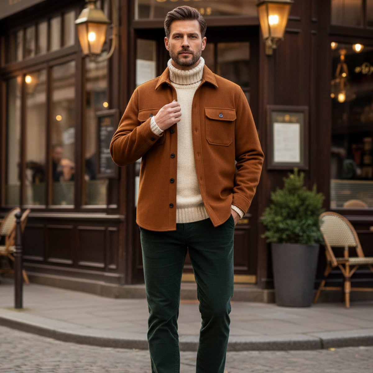 Men's camel overshirt with stand collar, button front, and chest pocket