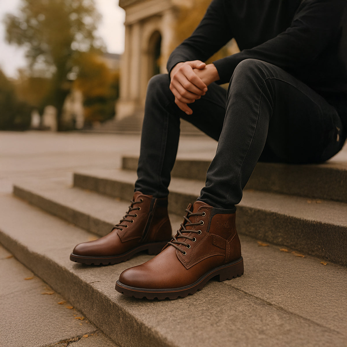 Men’s brown leather lace-up combat boots worn with dark jeans and sturdy tread outsole