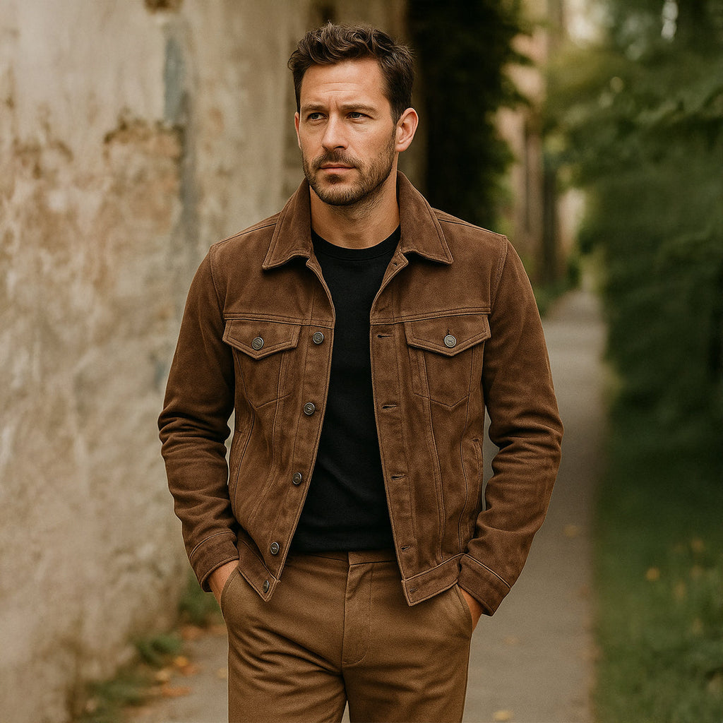 Brown suede cargo jacket with button front and flap chest pockets.