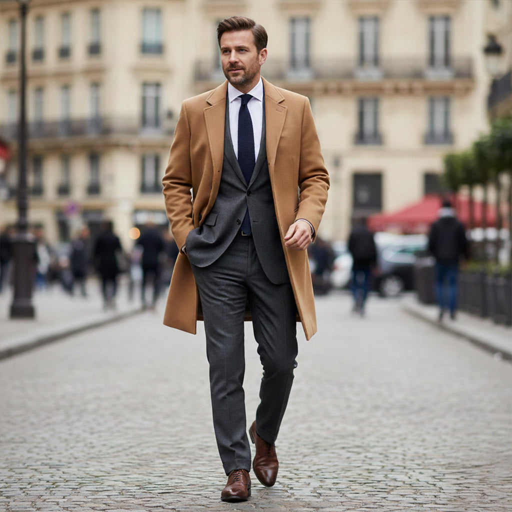 Men's camel wool overcoat, long single-breasted with notch lapels
