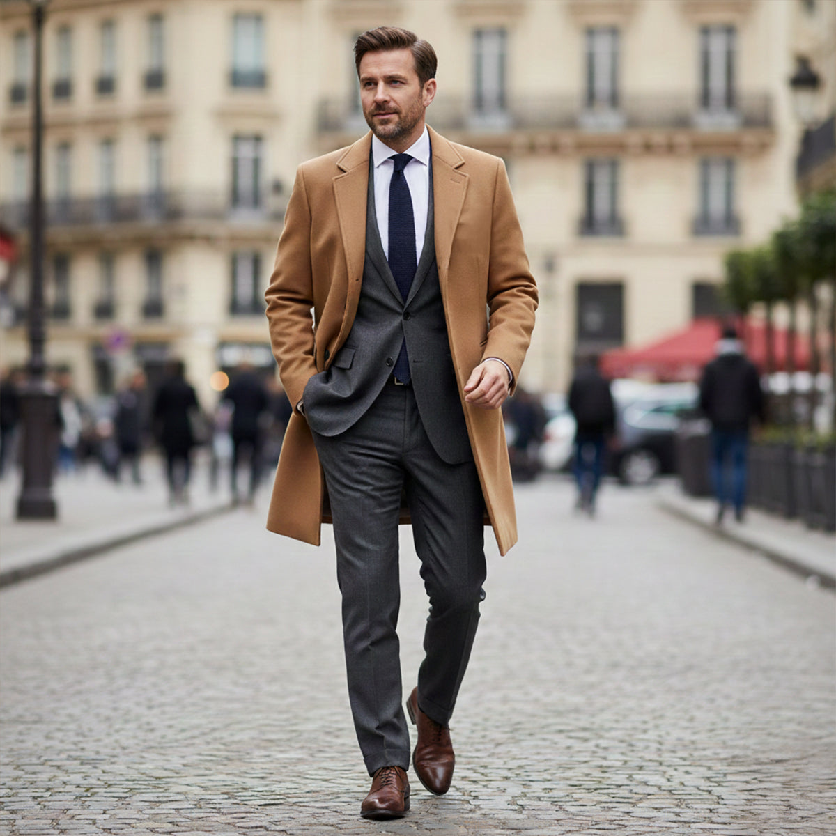 Men's camel wool overcoat, long single-breasted with notch lapels