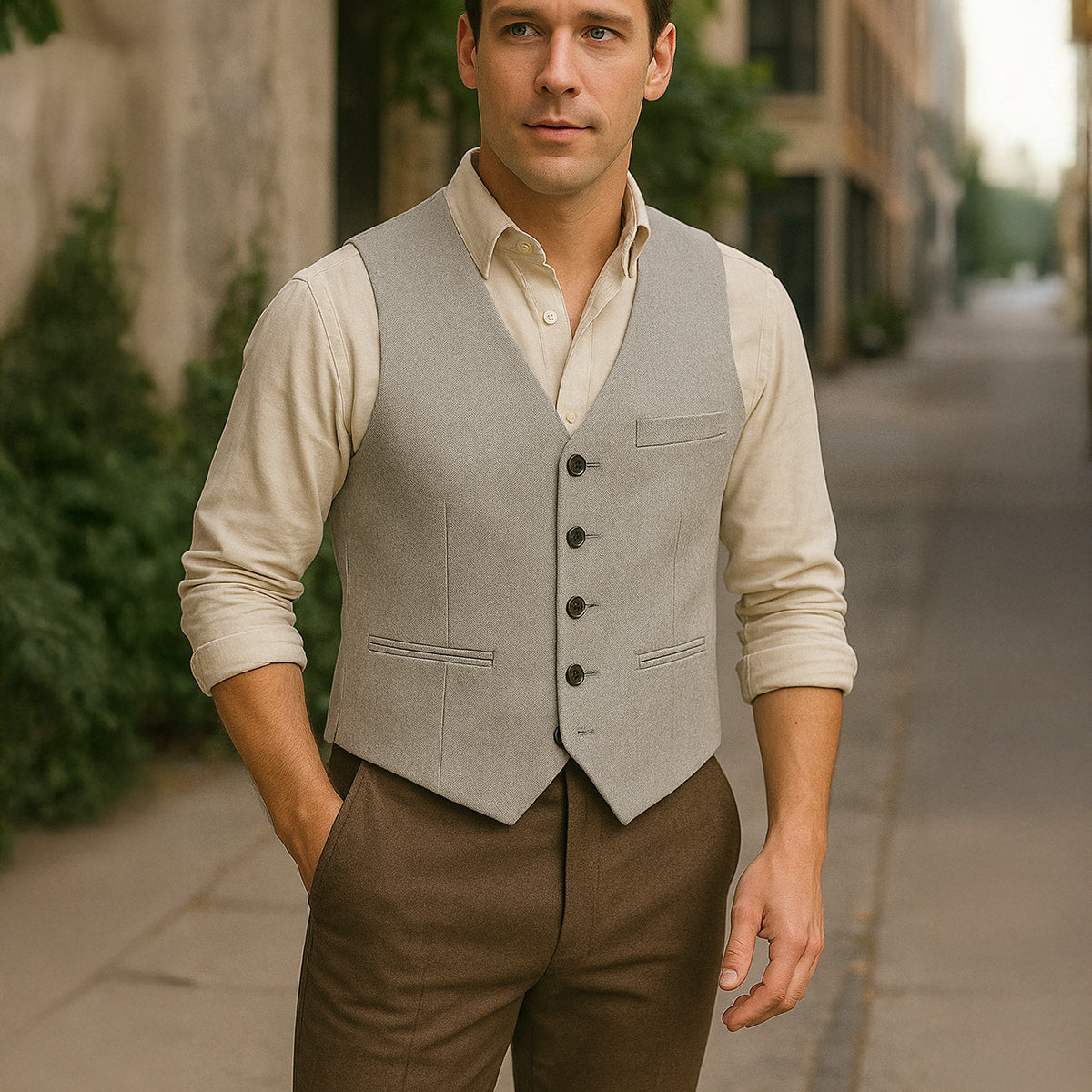 Men’s gray knit button-front sweater vest with welt pockets