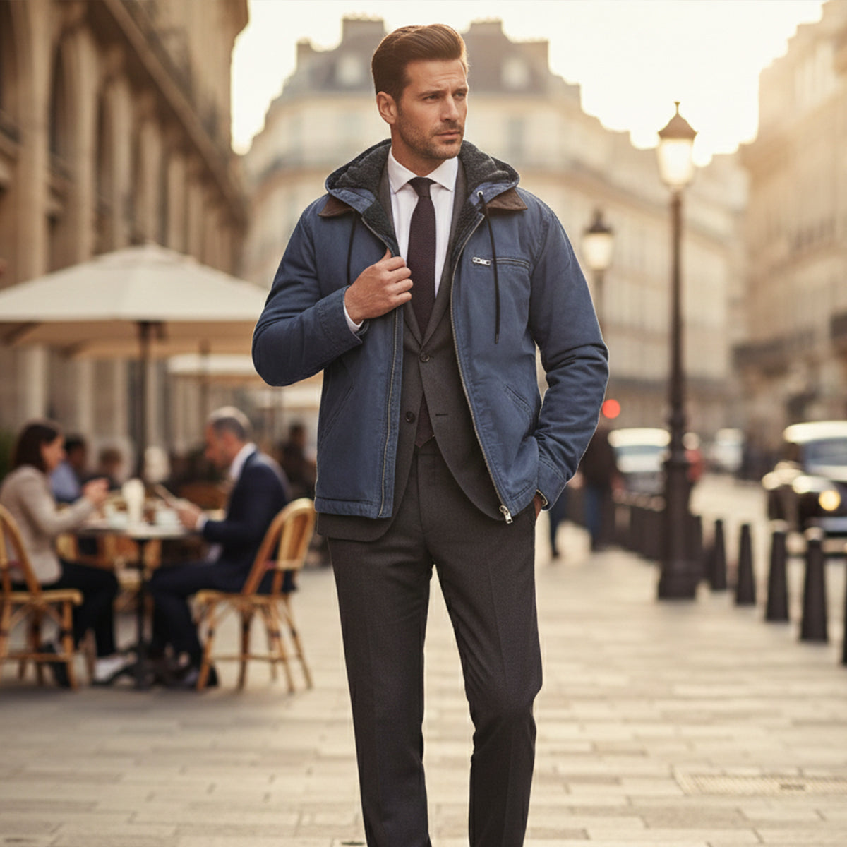 Men's winter hooded fleece-lined jacket in dark blue with zip front and drawstring hood.