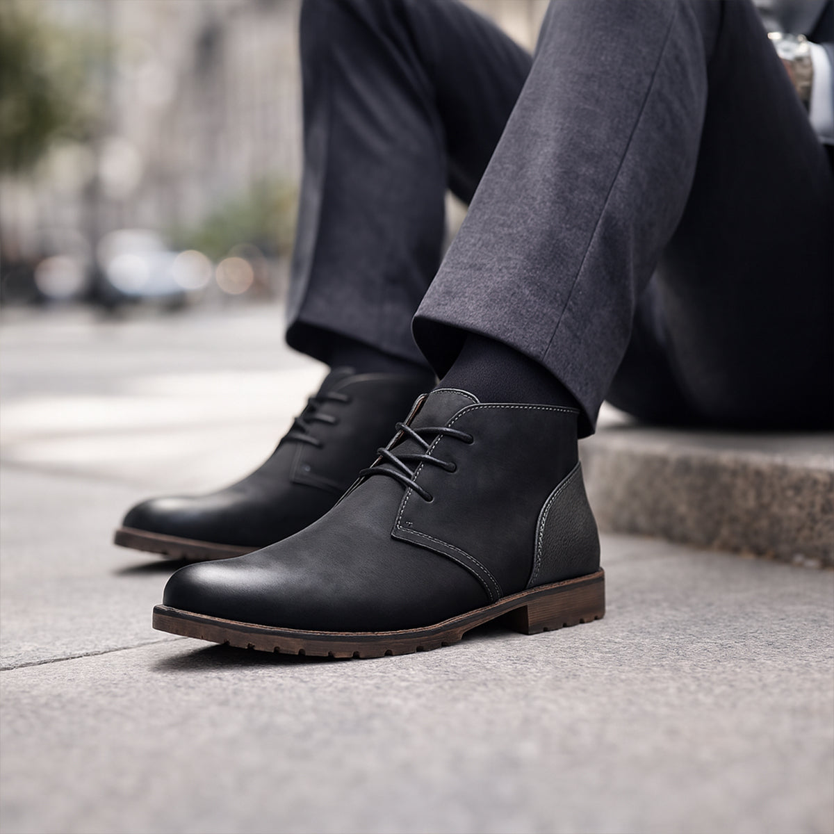 Men's Elderpine lace-up smart boots, black leather with sturdy rubber sole