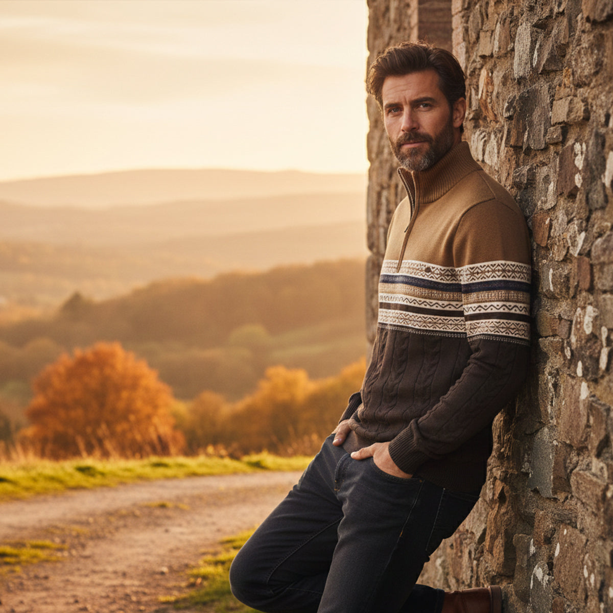 Men's quarter-zip cotton sweater with Fair Isle yoke, tan and dark knit