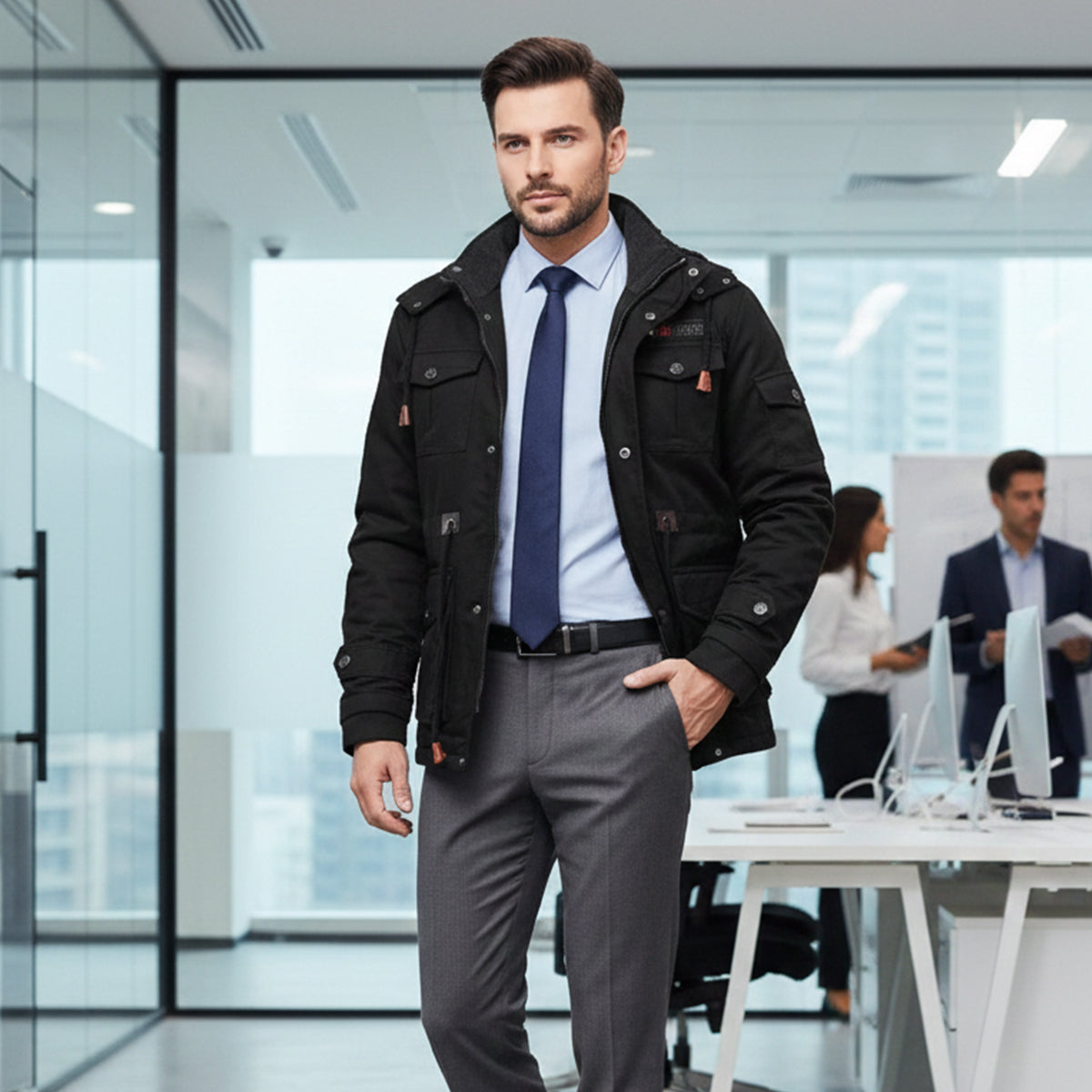 Men's hooded plush-lined jacket, black, front zipper and snap buttons, pockets