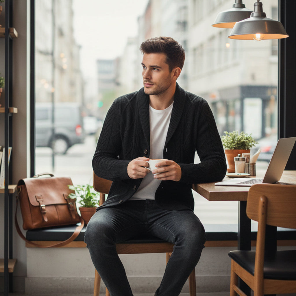 Men's black button-front cardigan with V-neck and long sleeves