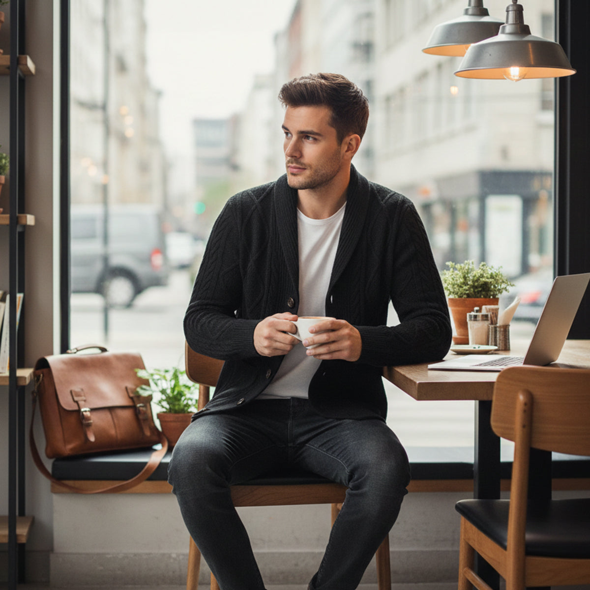 Men's black button-front cardigan with V-neck and long sleeves