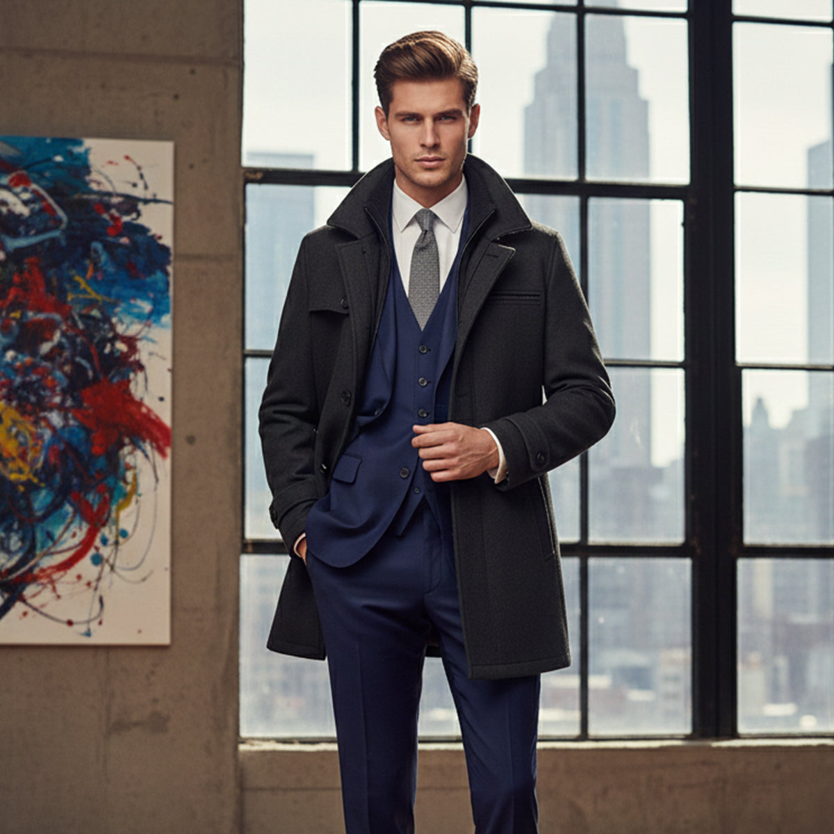 Men's waterproof dark long jacket, button front, notch collar, flap pockets