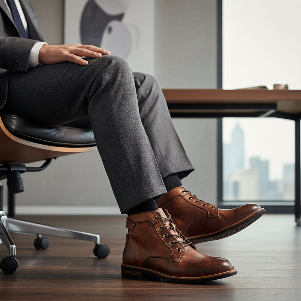 Men's brown lace-up ankle boots with metal eyelets, worn with dress pants