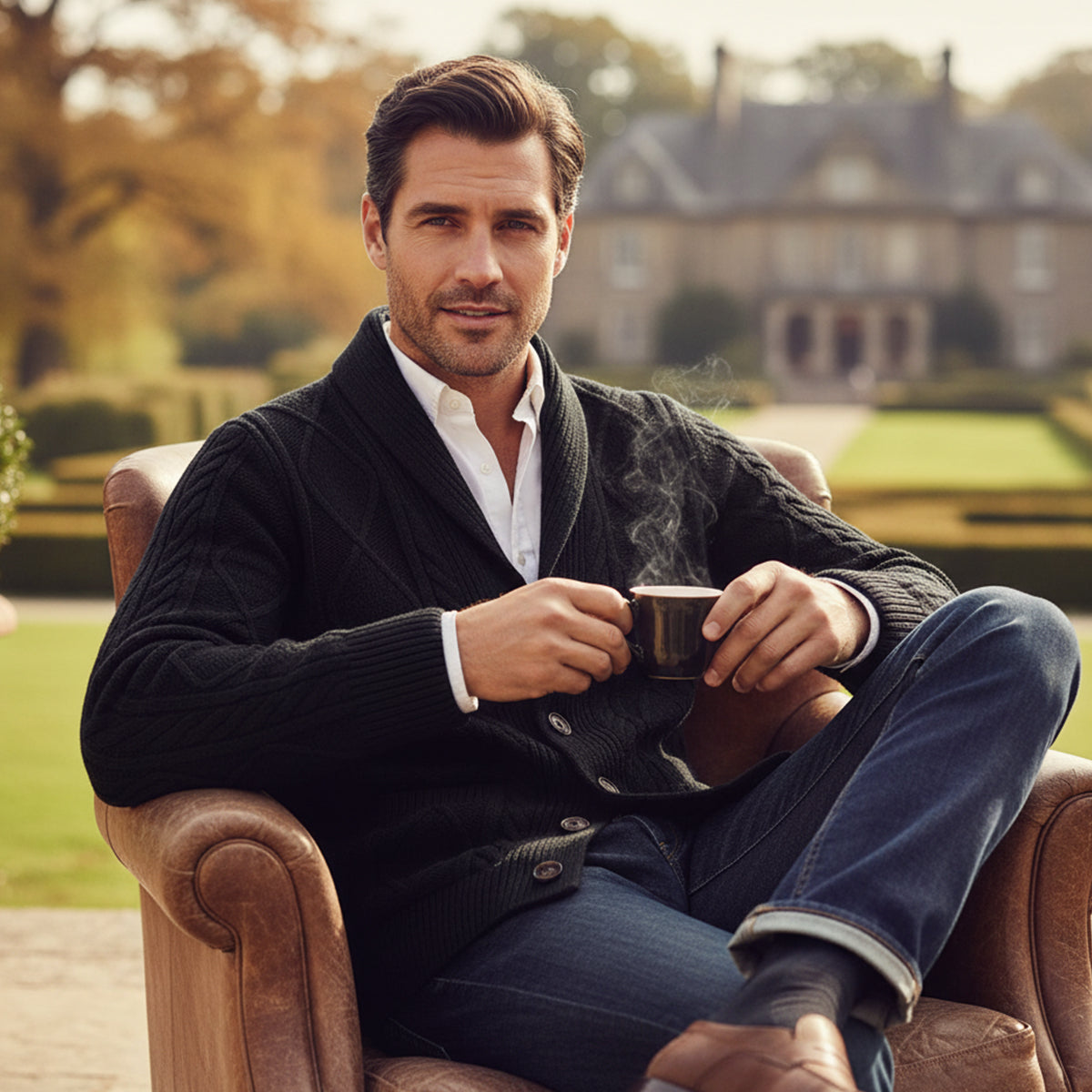Men's dark gray cashmere cardigan, cable knit, shawl collar, button placket, pockets.