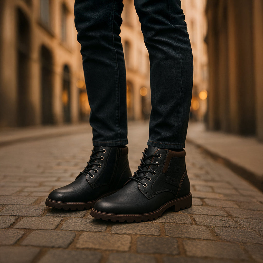 Men’s black leather lace-up combat boots worn with dark jeans on cobblestone