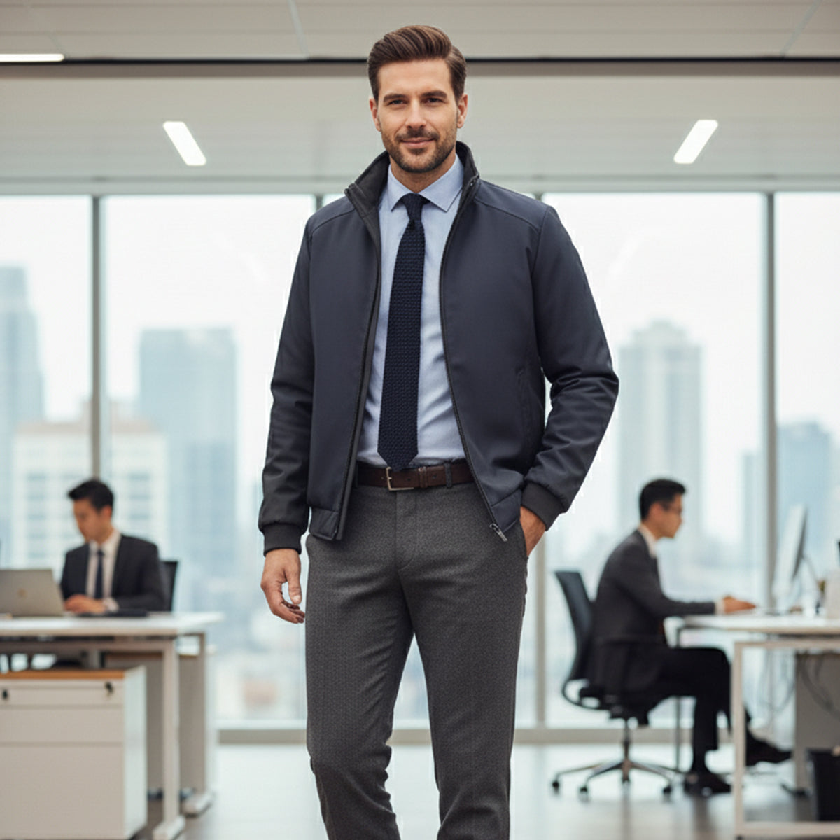 Men’s dark blue winter jacket with zipper front worn with shirt and tie in office setting.