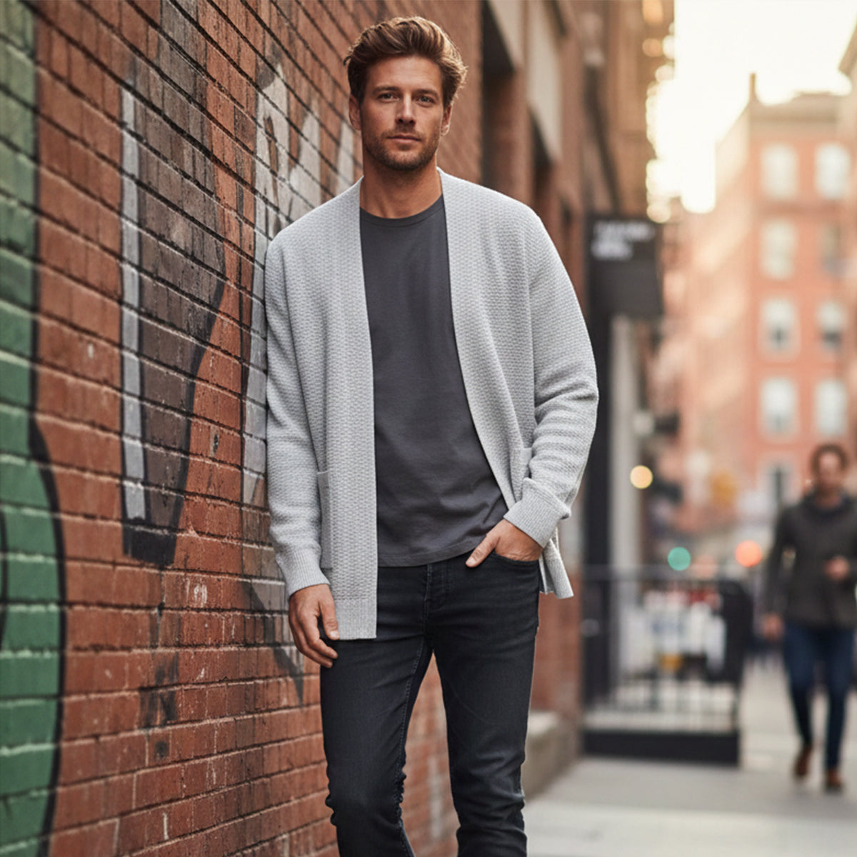 Men's open-front knit cardigan, light gray with long sleeves and patch pockets