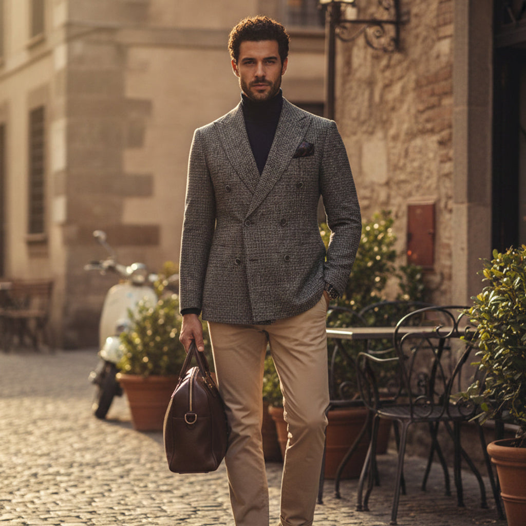 Gray plaid double-breasted men’s blazer with notch lapels and long sleeves