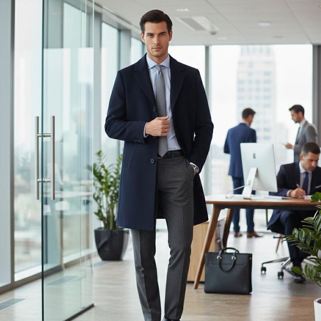 Men's dark overcoat, long single-breasted with notch lapels