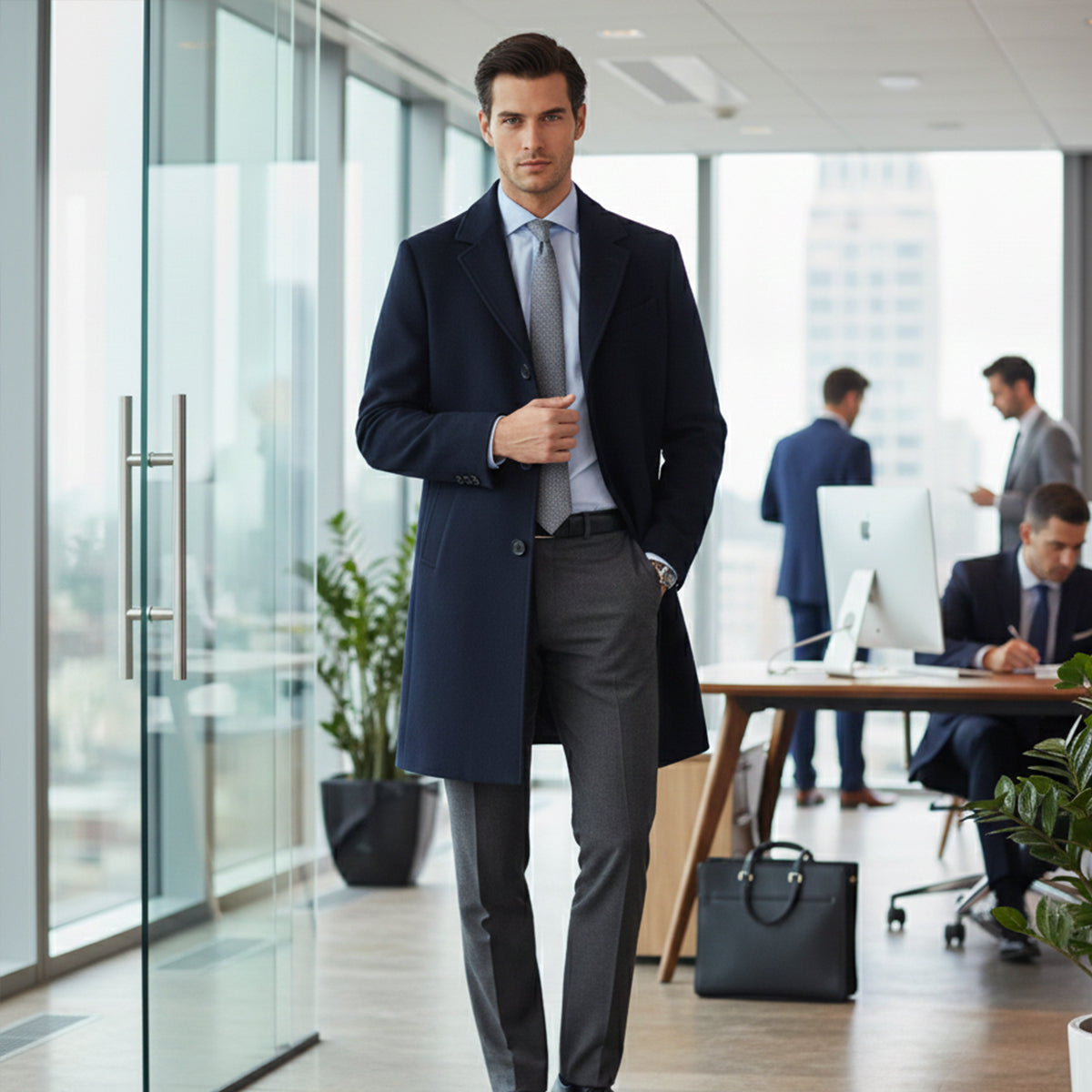 Men's dark overcoat, long single-breasted with notch lapels