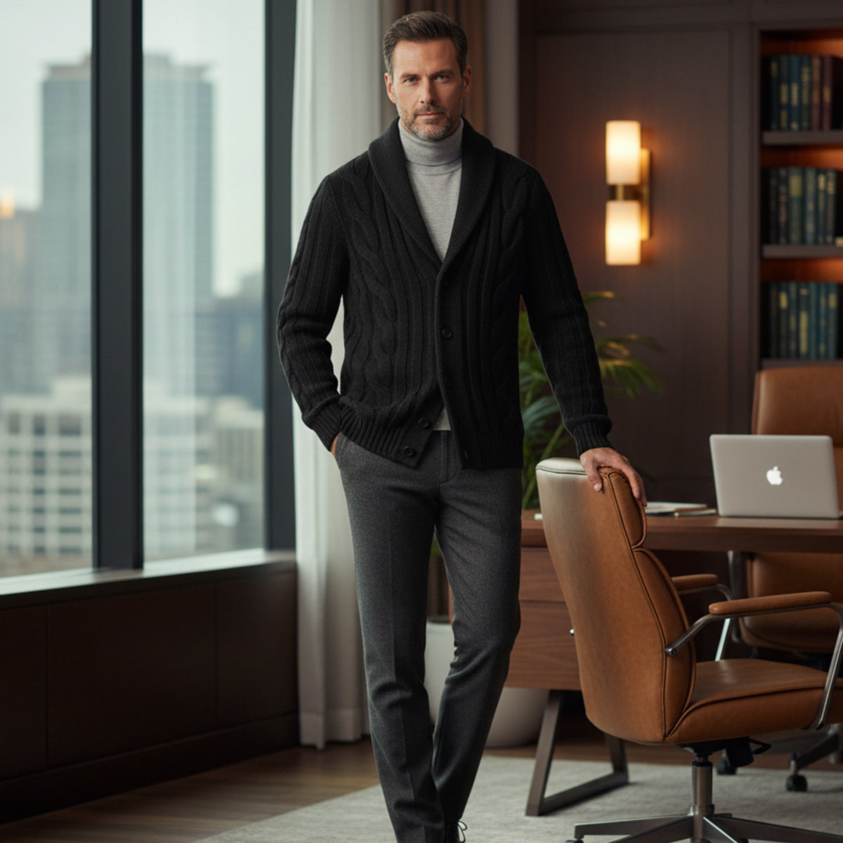 Men's dark knitted cardigan with button front and shawl collar, long sleeves