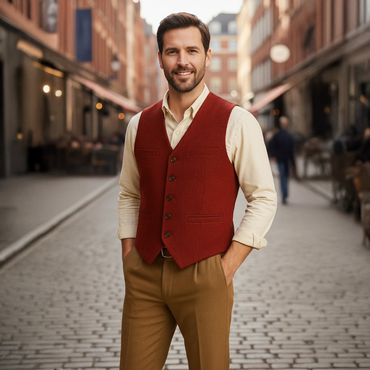 Men's burgundy tailored button-up vest with V-neck, four buttons, and two front pockets