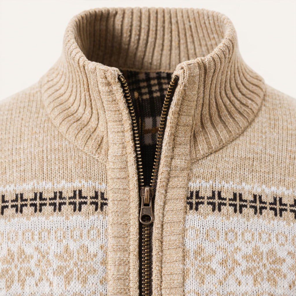 Beige knitted cardigan collar close-up with stand neck ribbing and metal zipper pull