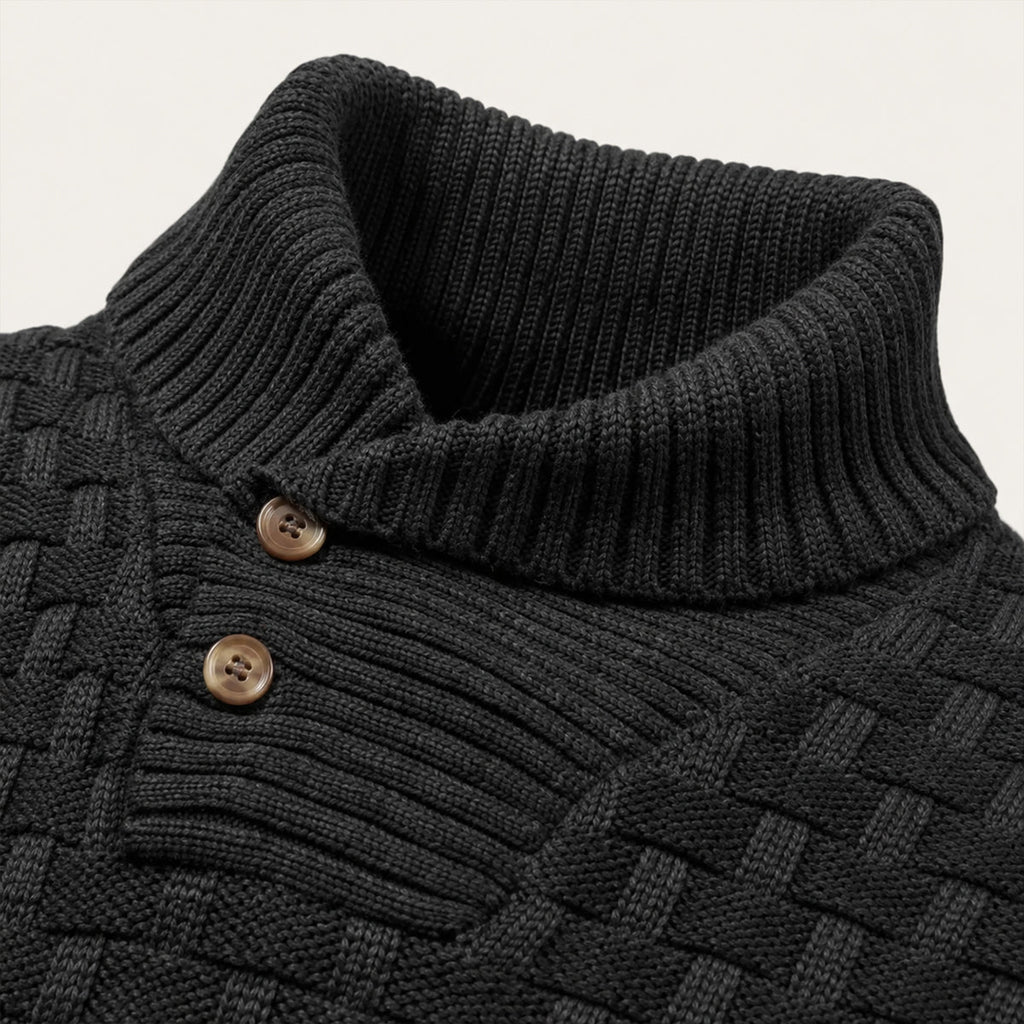 Close-up of dark textured knit sweater neckline and 2-button henley placket