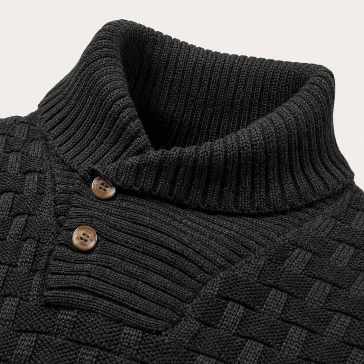 Close-up of dark textured knit sweater neckline and 2-button henley placket