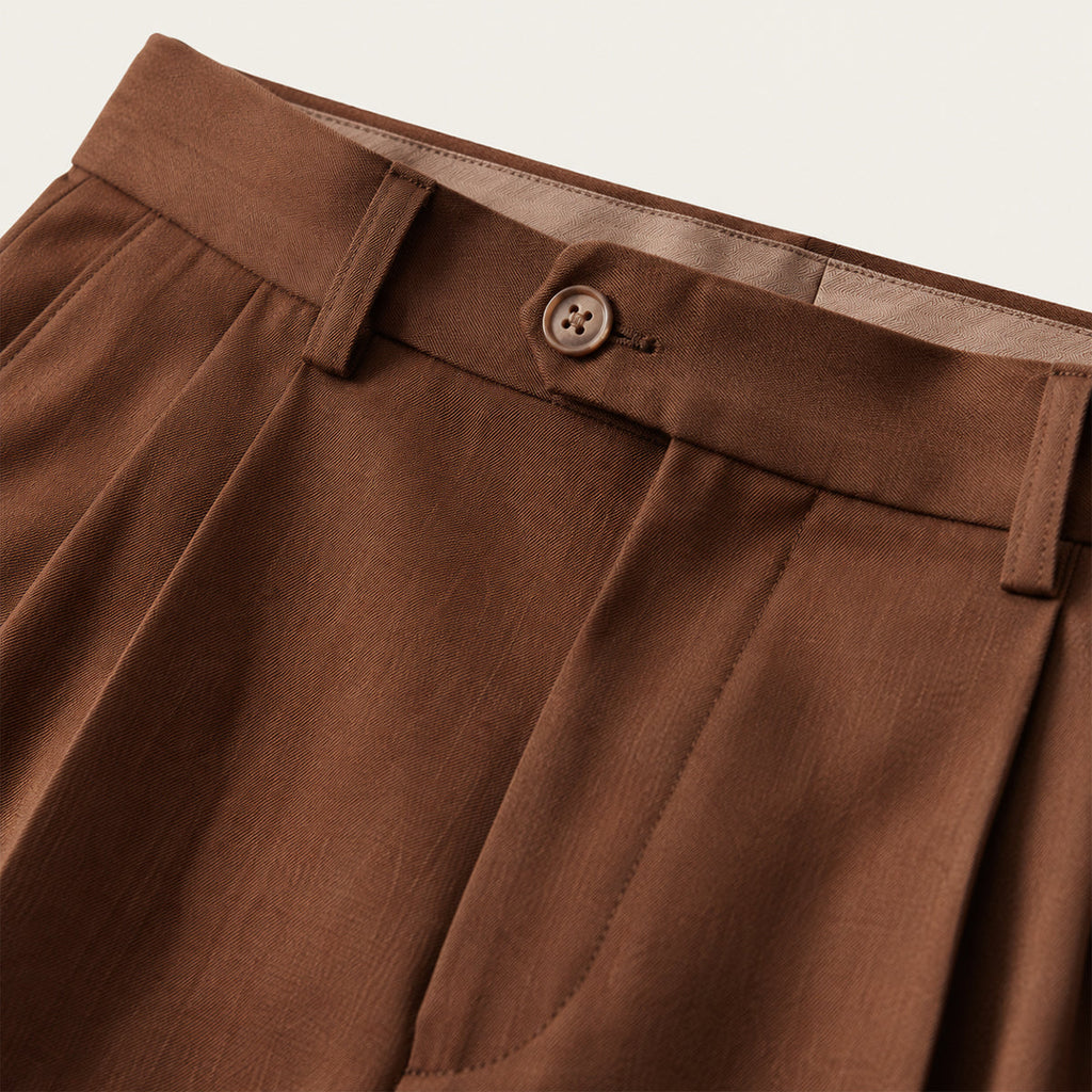 Brown high-waist double-pleated pants, close-up of waistband button and belt loops.