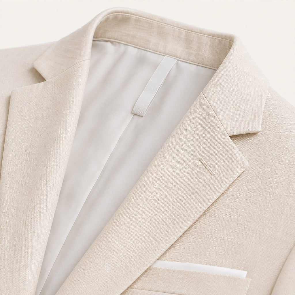 Men's beige blazer detail: notch lapel, breast pocket, and textured fabric