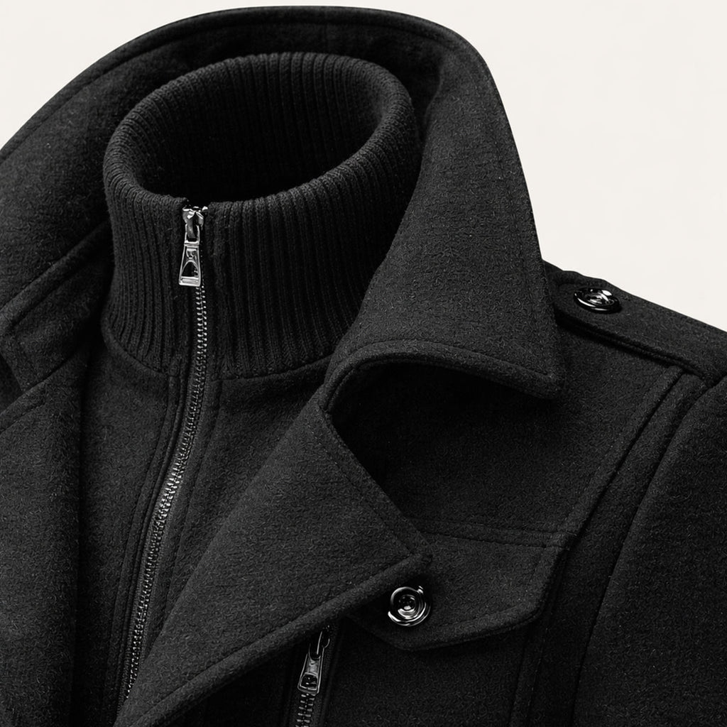 Men's wool-blend coat collar detail in dark gray: zipper, button tab, and inner knit neck trim