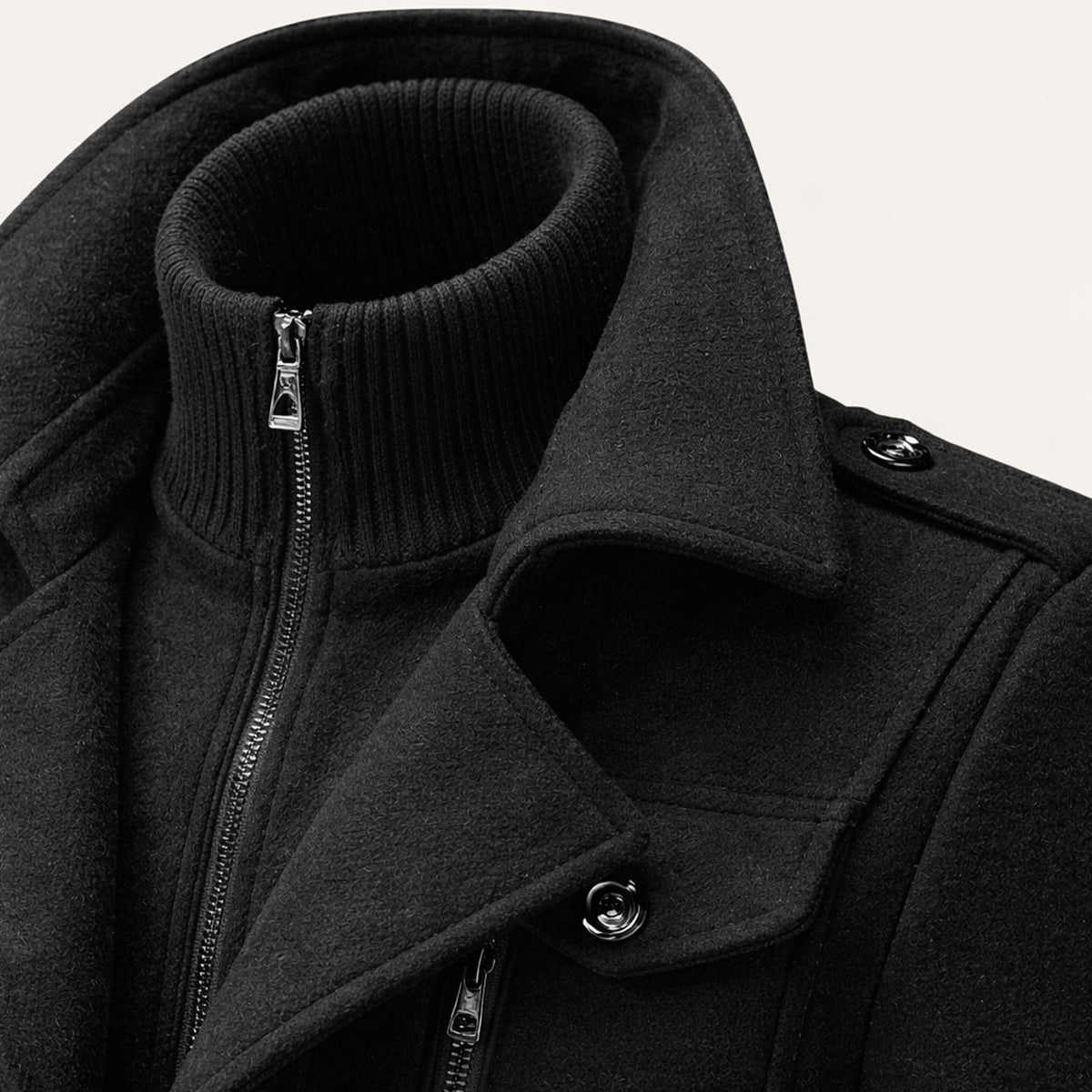 Men's wool-blend coat collar detail in dark gray: zipper, button tab, and inner knit neck trim