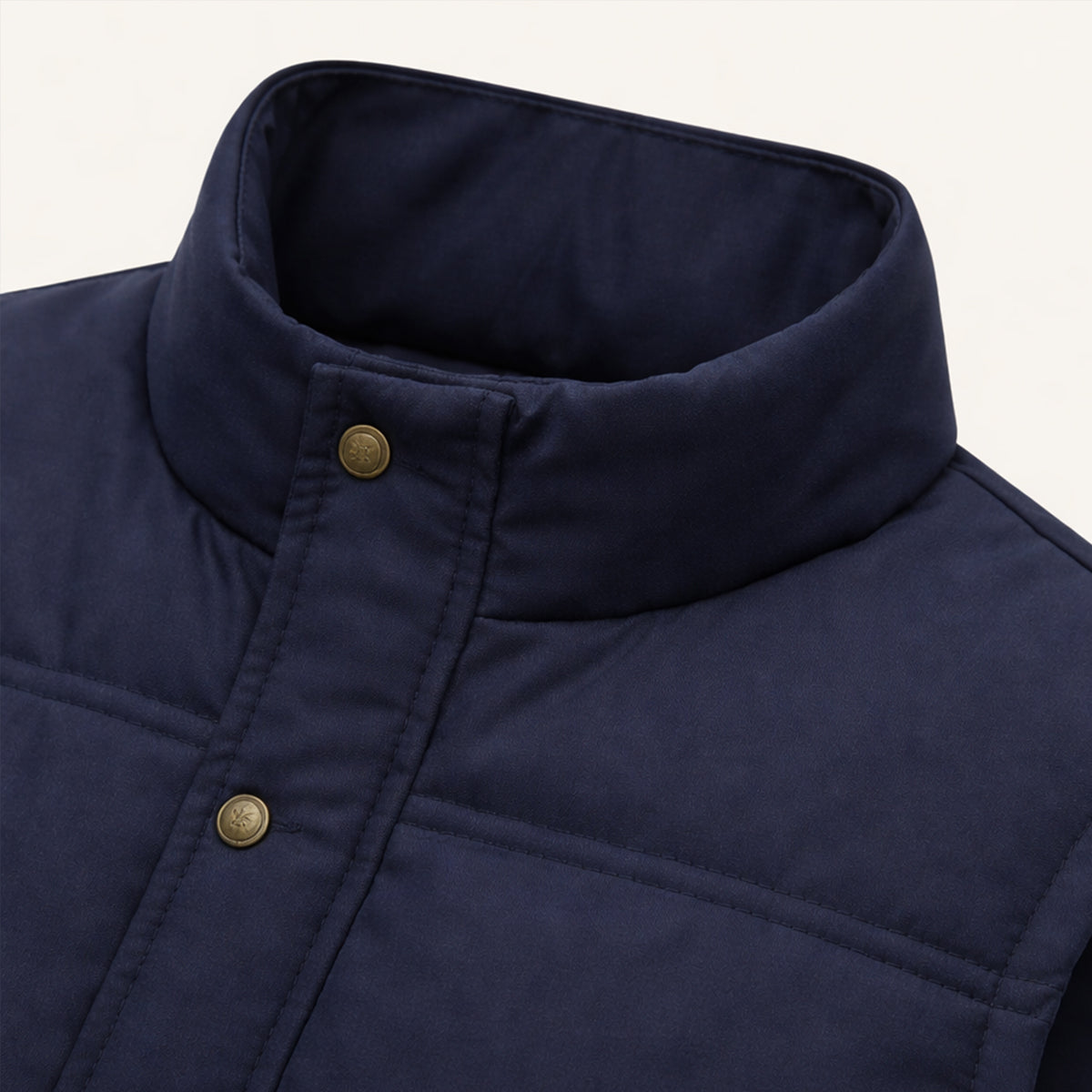 Men's navy winter vest with stand collar and button placket, visible fleece lining inside