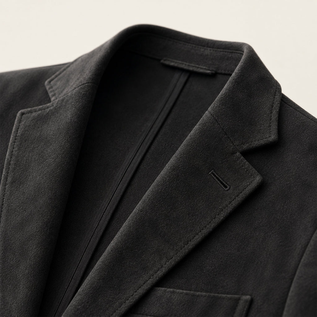 Men's black notched-lapel blazer detail with underlayer seam and stitching