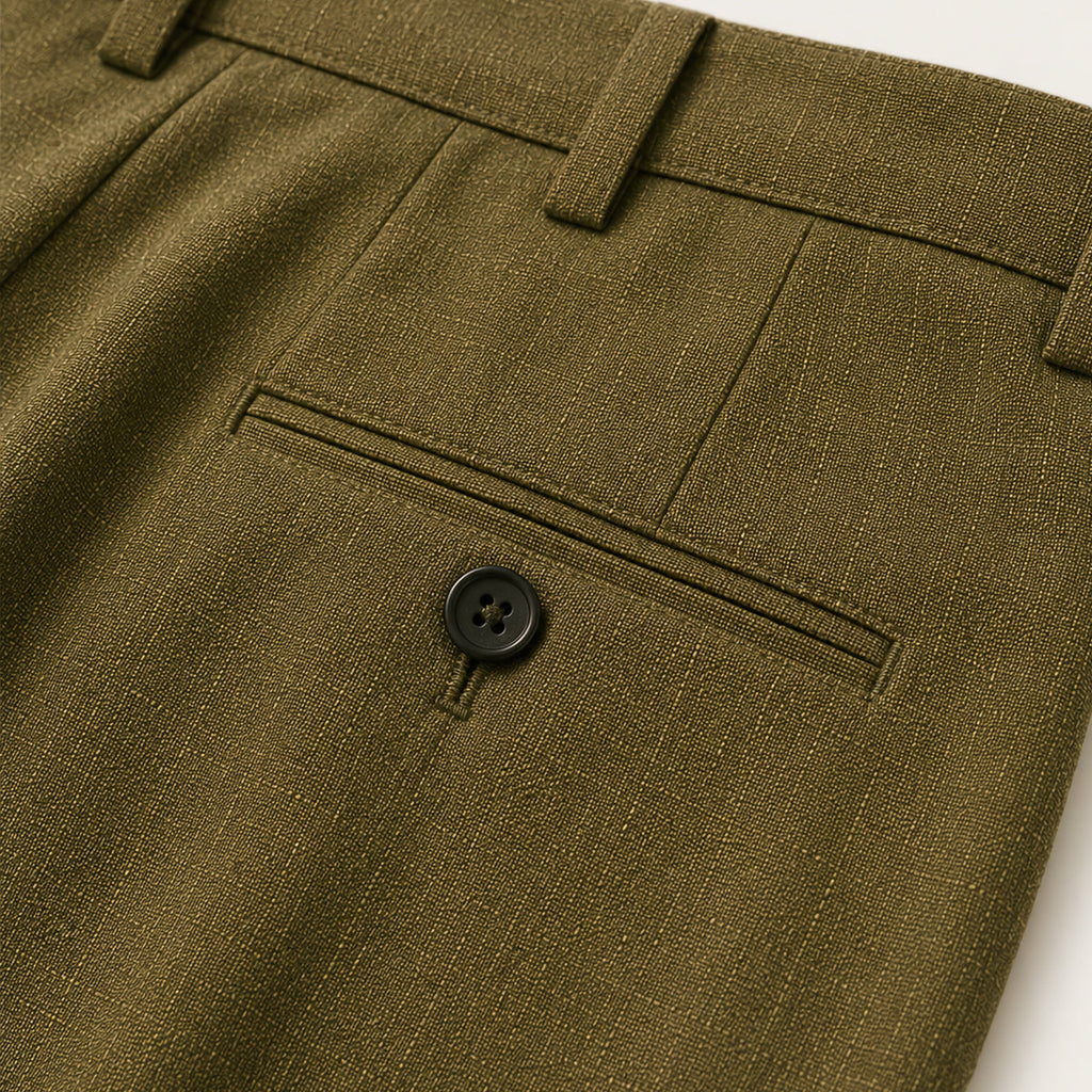 Olive green suit trousers with side pocket and dark button detail