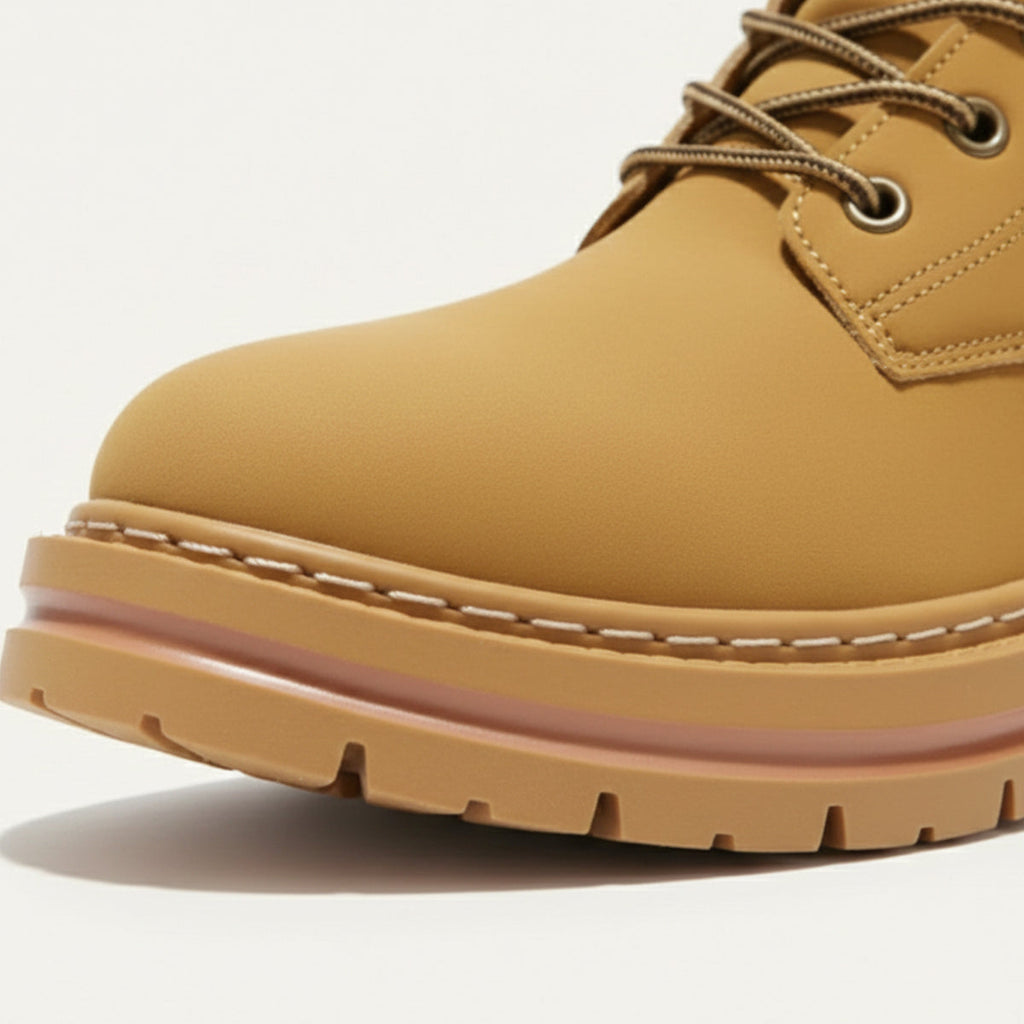 Men’s tan snow boot outsole and rounded toe, visible tread and stitched sidewall