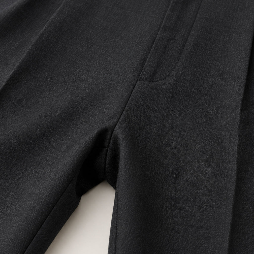 Men's black pleated straight pants with side seam and tailored fabric texture