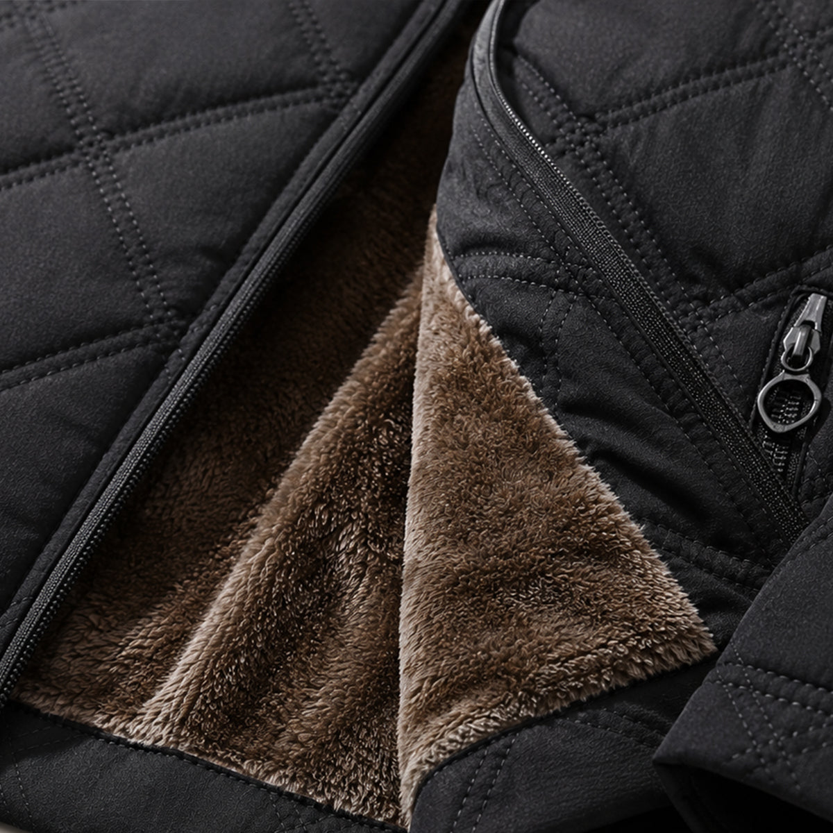 Close-up of black quilted puffer jacket showing zip pocket and brown fleece lining