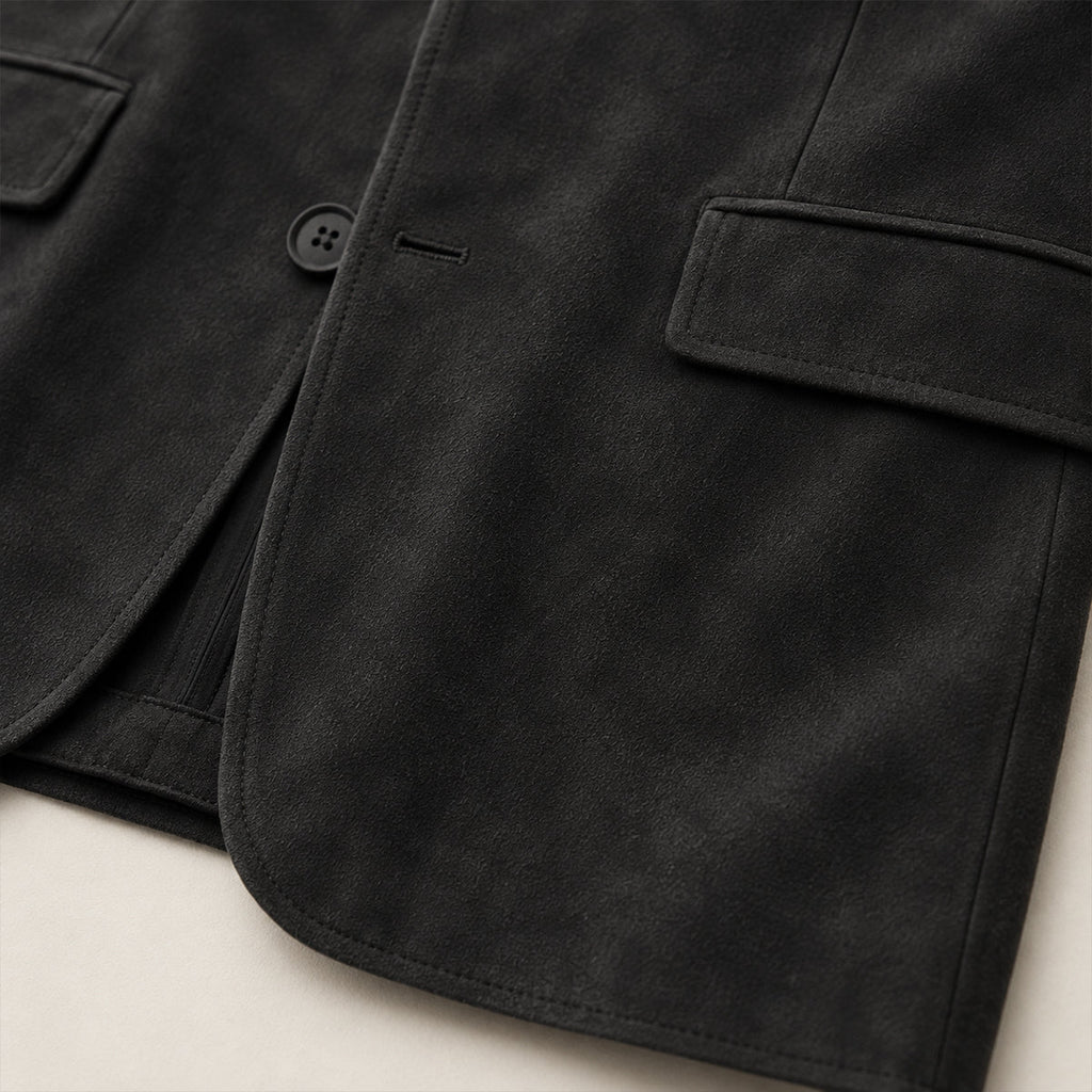 Men's black blazer close-up of single-button front and flap chest pocket